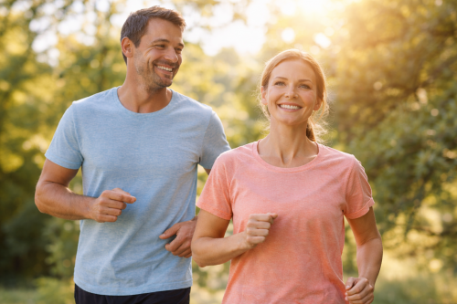 Happy couple enjoying a sunny jog