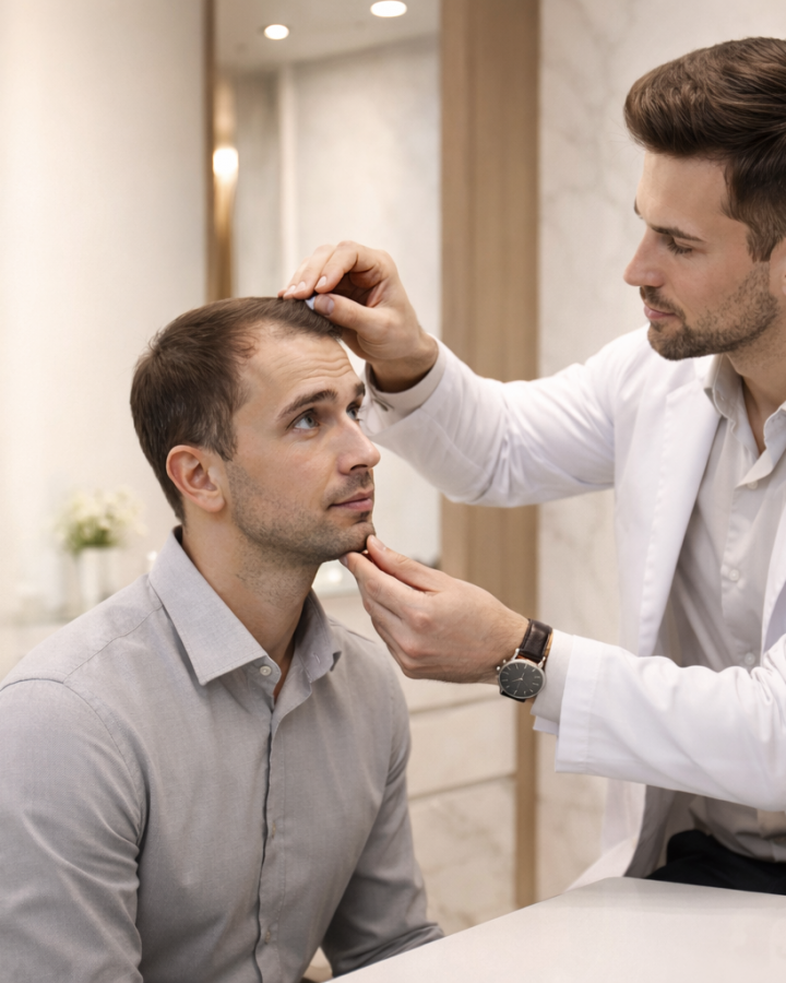 Consultation scene male Aesthetic Clinician with client talking about hair restoration