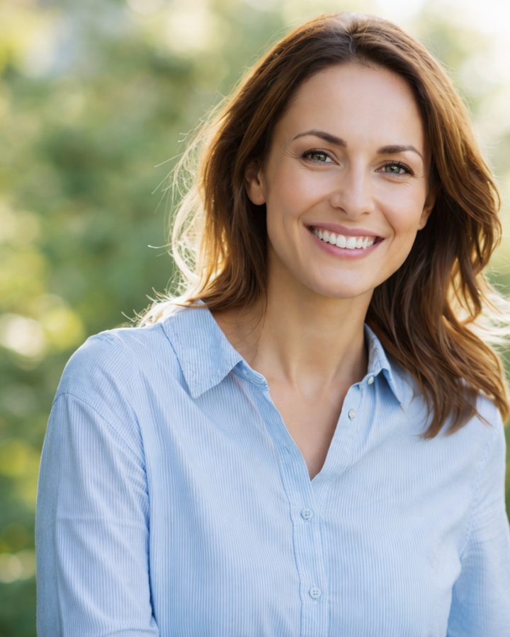 Smiling woman in warm sunlight