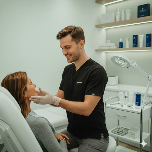 Consultation scene with male Aesthetic Clinician with client taking about biostimulators